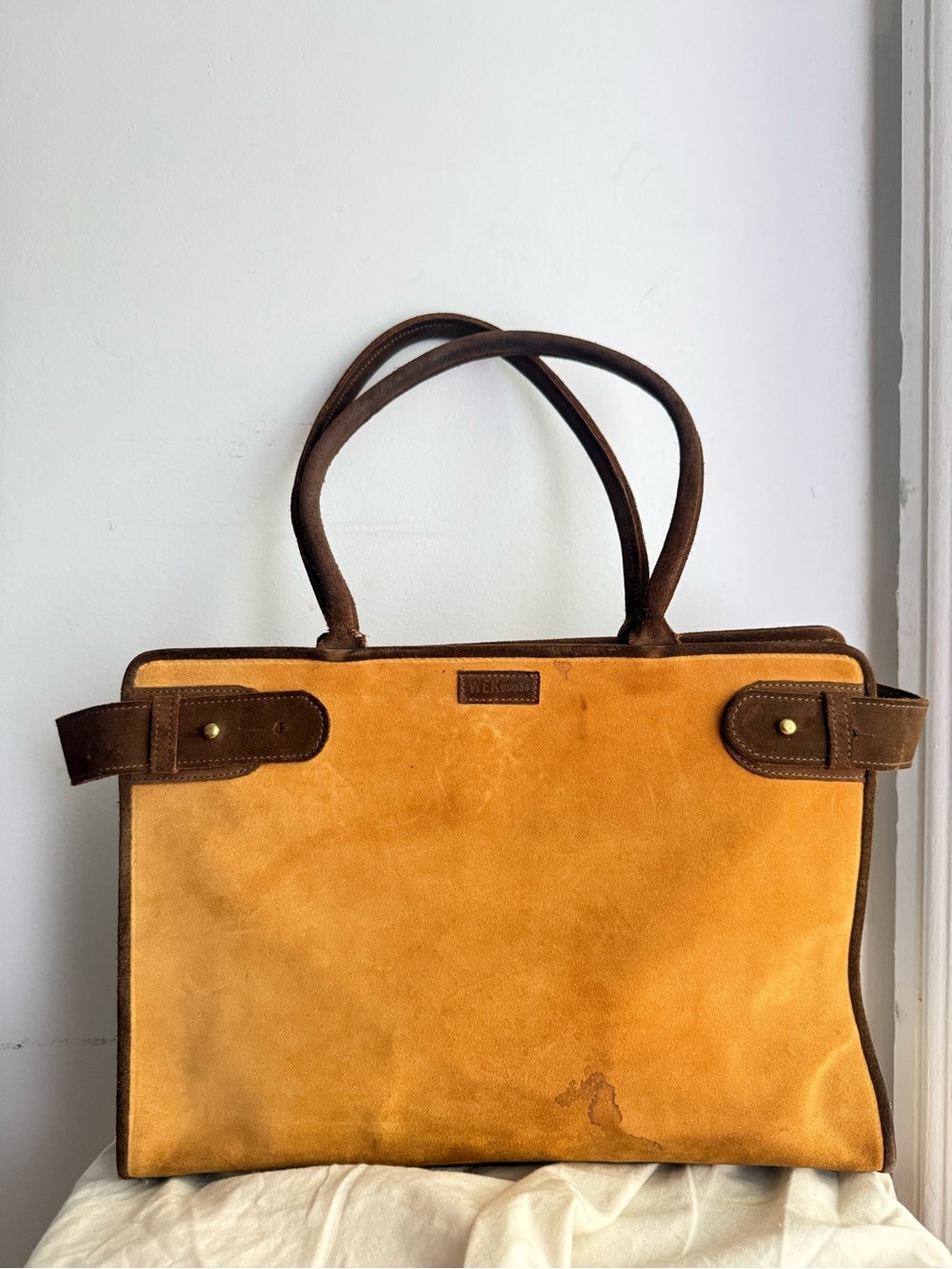 WEK1933 Alek Wek Suede Leather Shoulder Bag Mustard & Brown Leather Early 2000s